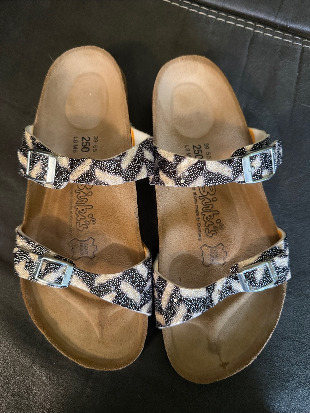 Birki’s Women's Two-Strap Zebra Print Sandals in Black & White